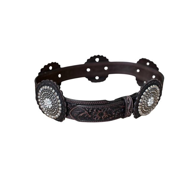Nacoma Black Ladies Western Belt Medium Rhinestone Medallions Tooled Leather main image 7